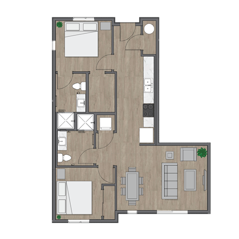 Floor plan for 2 beds, 2 baths, 851 sqft